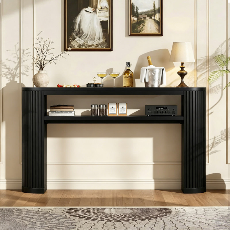 Farmhouse Oval Console Table Accent Table With Open Shelf And Curved Legs For Entryway Hallway, Black