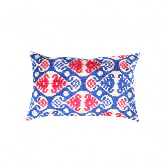 Oasis Velvet Silk Lumbar Rectangular Pillow Cover & Insert, Blue/Red/Beige Ikat