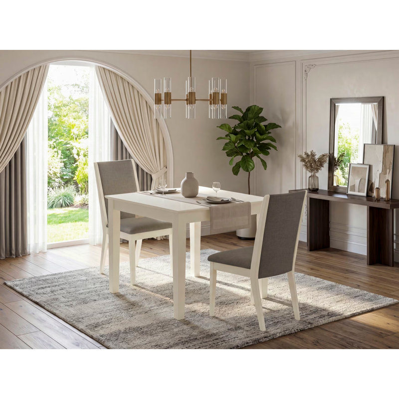 Ensemble de salle à manger 3 pièces comprenant une table carrée et 2 chaises rembourrées en lin blanc Shitake, 91 x 91 cm
