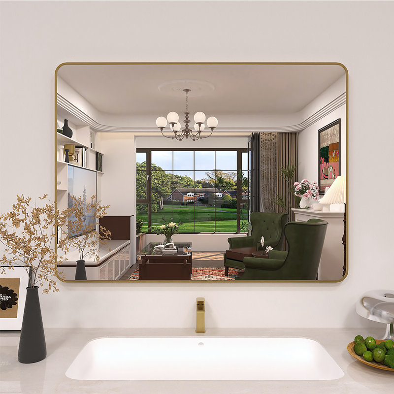 Lucha Gold Framed Wall Mounted Bathroom Vanity Mirror with Tempered Glass, Gold, 48" x 36"
