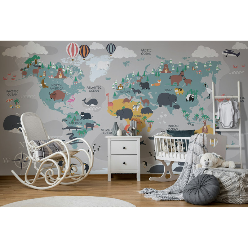 Papier peint mural pour enfants, carte du monde, gris, L 37 po x l 56 po