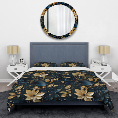 Glamorous Gold And Sapphire Elegance Box Stitch Floral Duvet Cover