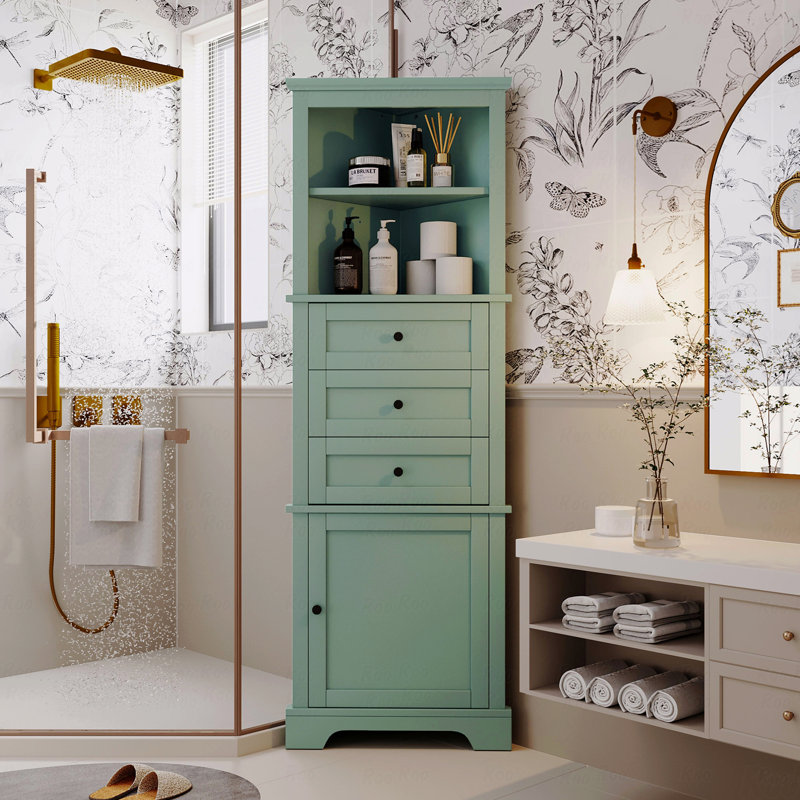 Triangle Tall Cabinet With 3-Drawers And Adjustable Shelves For Bathroom, Kitchen Or Living Room, MDF Board With Painted Finish