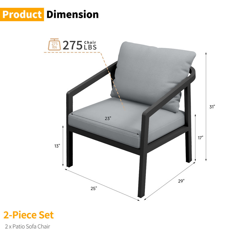 Ensemble de 2 fauteuils d'extérieur noirs en aluminium avec coussins, Grey, Black