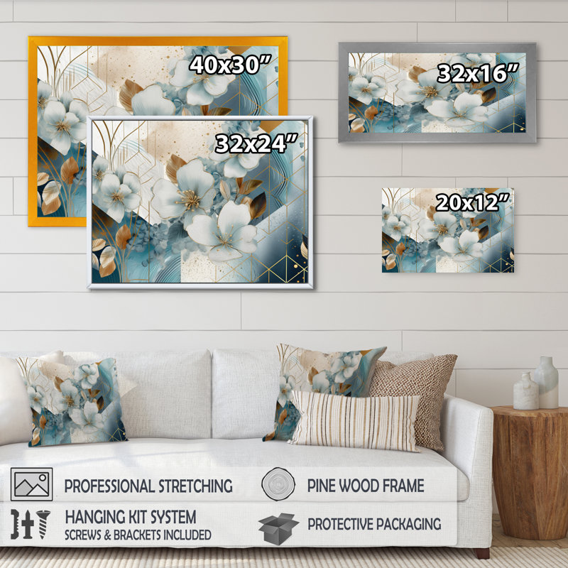 Golden Silky Floral Design I - Art mural sur toile florale, H 12 po x l 20 po, Toile tendue