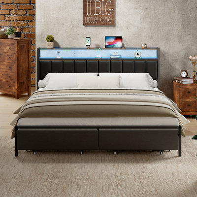 Garvee Full Size Bed Frame With RGB LED And Charging Station Headboard, Grey Upholstered Platform Bed Frame Full With 2 Storage Drawers, No Box Spring Needed, Heavy Duty
