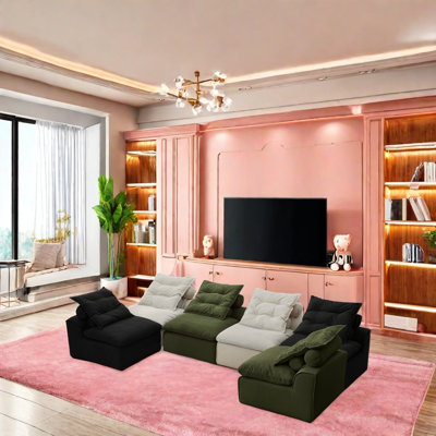 Canapé modulaire en velours côtelé avec coussins pour le cou et la taille, conception sans accoudoirs compacte, configuration sans bricolage, aucun assemblage requis, ensemble de coussins en mousse confortable 6 pièces