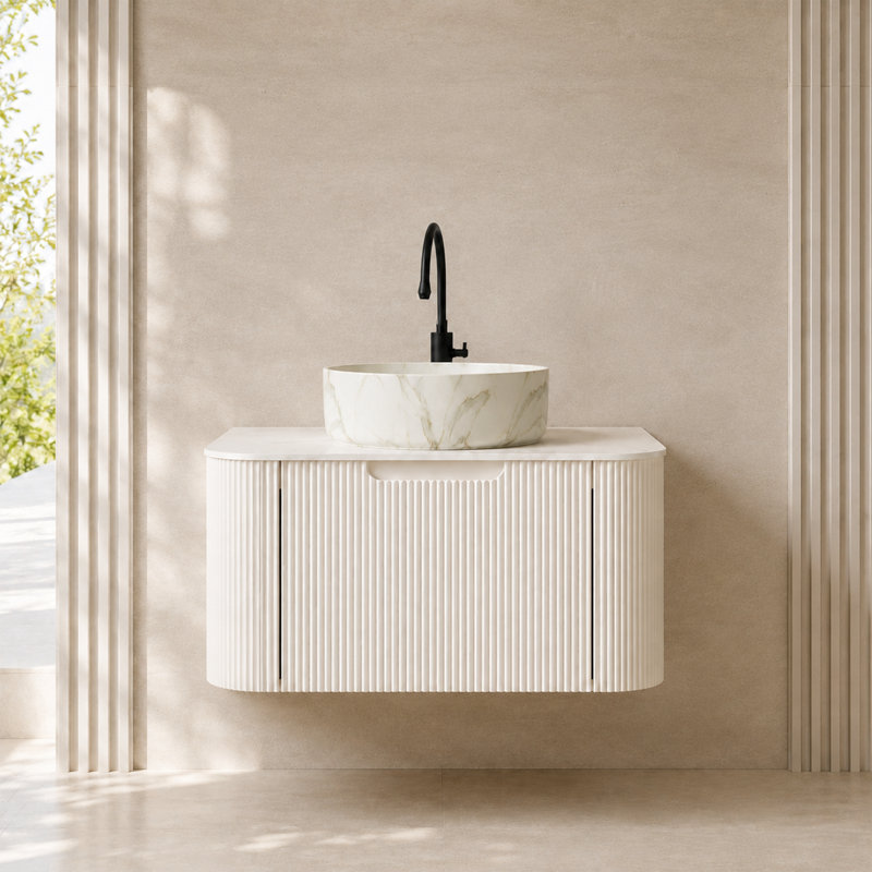 Meuble-lavabo mural simple de 76 cm (30 po) avec fini blanc, comptoir en pierre artificielle et lavabo en céramique