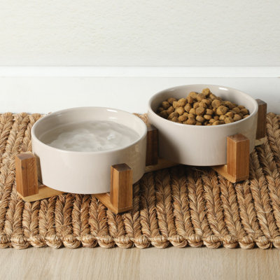 Gibson Home Zoomie Bites Ceramic Dog And Cat Bowl With Acacia Wood Stand Non-slip Matte Glaze Weighted Food Wate In Gray