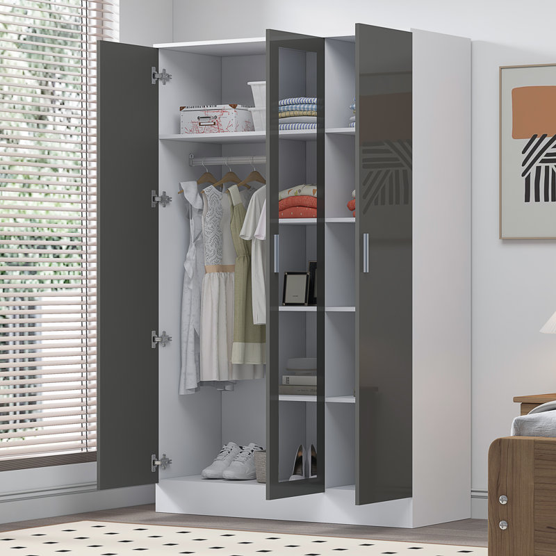 Eva High Gloss Mirrored 3 Door Wardrobe - H: 180cm x D: 47cm x W: 113cm, Matte White/Gloss Grey