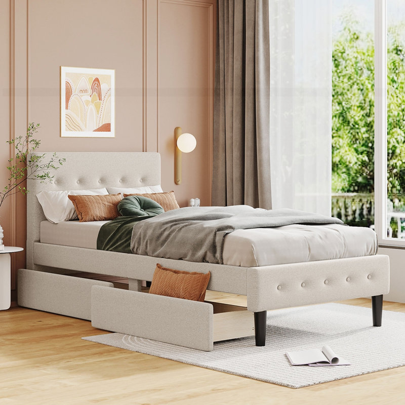 Lit plateforme tapissier à 2 tiroirs, Beige