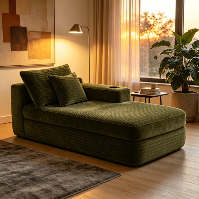 37.5" right chaise lounge with plush fabric and cup holder, no assembly compressed sofa for living room, green