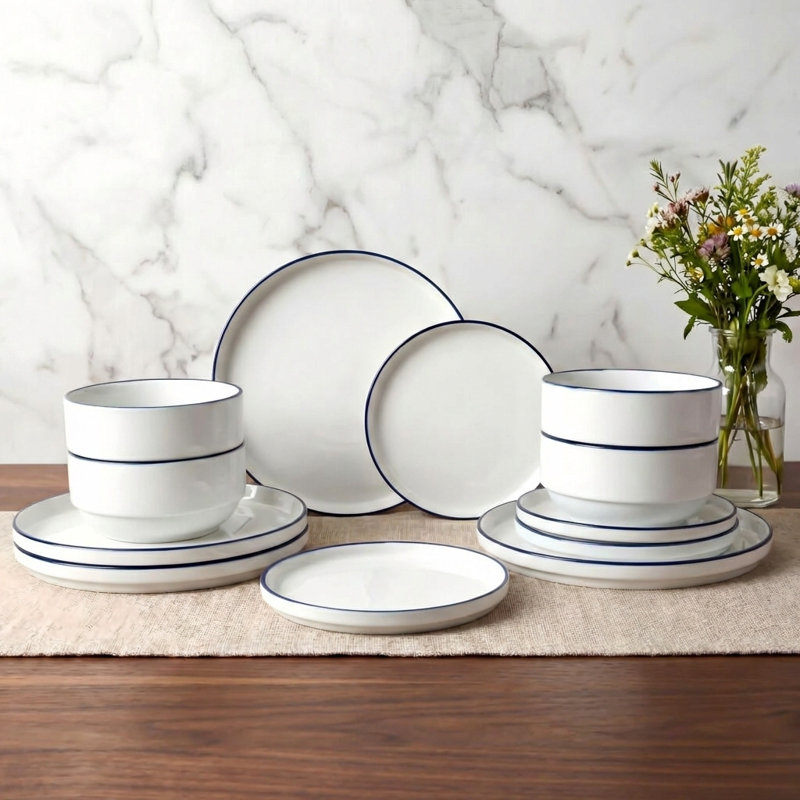 Waterside 12pc Stackable Colour Rim Porcelain Dinner Set, White/Blue