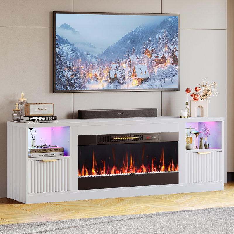 White Modern Fluted Fireplace TV Stand with Gold Handles