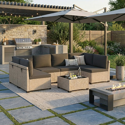 7-Piece Outdoor Sectional Sofa Set With HDPE Wicker, Cushions & Coffee Table, Modular Patio Conversation Set