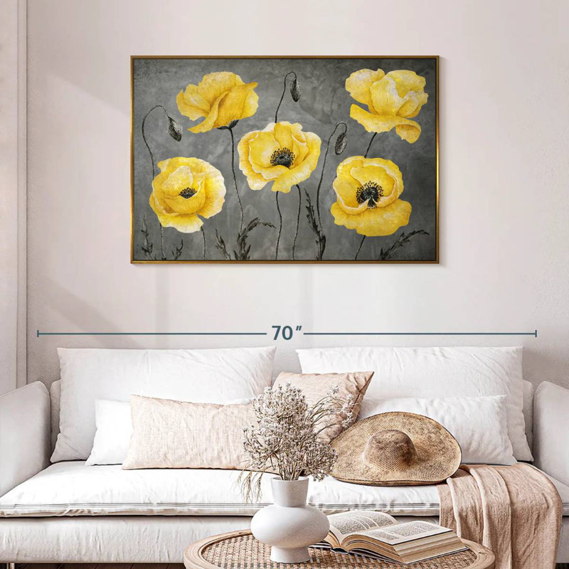 Coquelicots jaunes, Cadre flottant doré, 43 po x 29 po