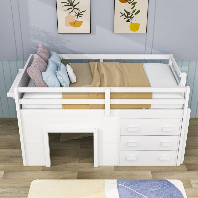Gigel Kids Twin Loft Bed with Drawers, White