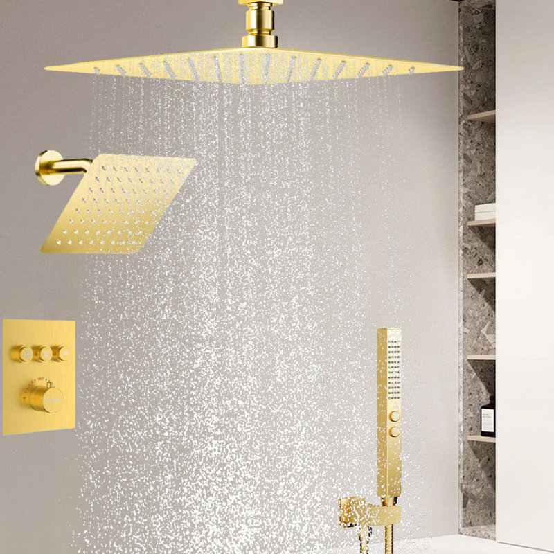 12+ 8" Ceiling Mount Rain Shower And 2 In 1 Handhled, Push Button 3 Modes Valve Complete Shower Set, Brushed Gold