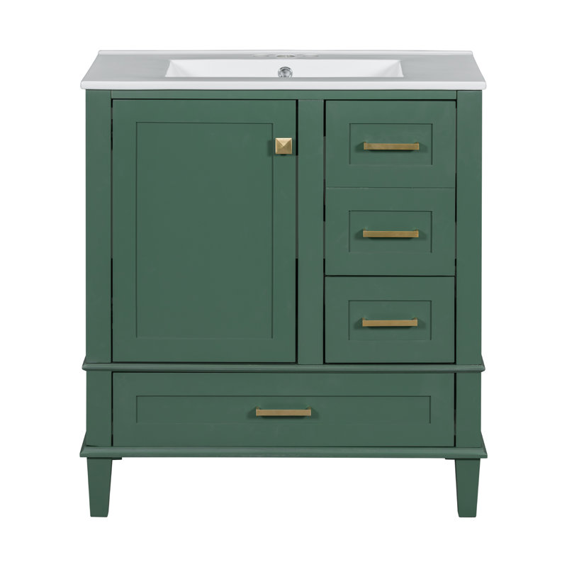 Armoire de meuble-lavabo moderne 30 po avec lavabo et rangement, Vert, Doré