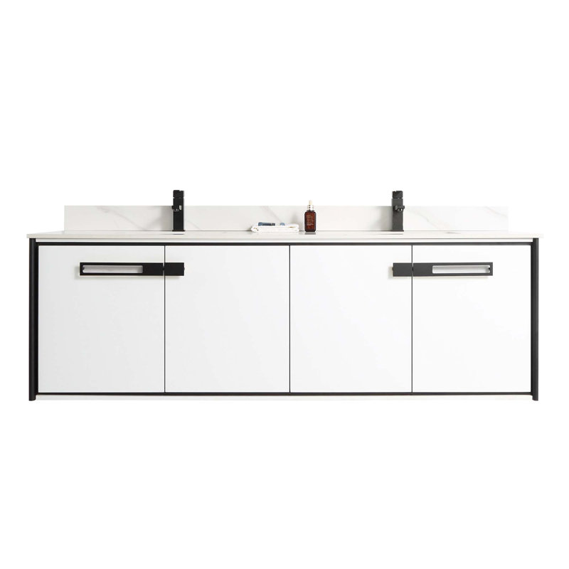 72'' Double Bathroom Vanity with Carrara Quartz Top, Matte Black, White Matte