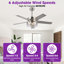 Ventilateur de plafond moderne en nickel de 52 po avec ensemble d'éclairage et télécommande, pales à double face, moteur à courant continu réversible à 6 vitesses, tiges verticales de 6 po / 10 po, minuterie