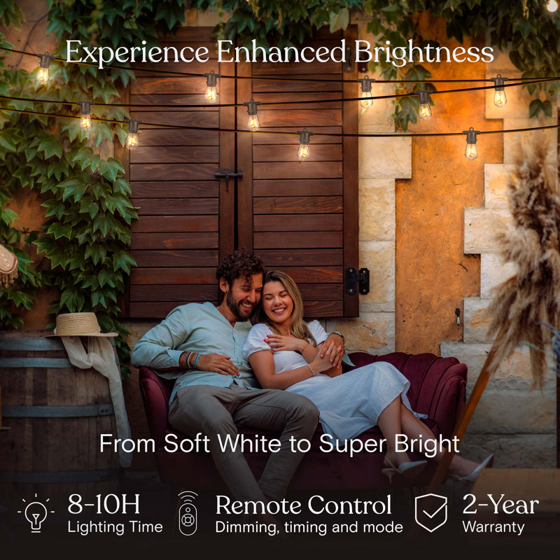 Ambience Pro 48 ft. Solar Outdoor Patio LED String Lights with 15 Spiral Filament Edison Bulbs, Remote Control, Weatherproof