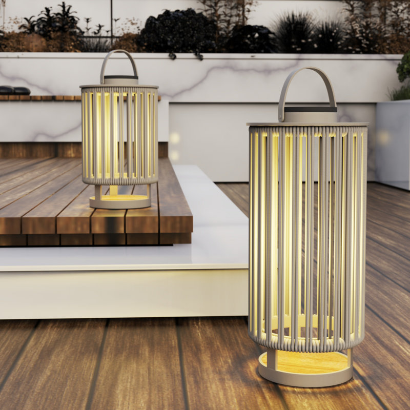 Outdoor Solar Lanterns Patio Decorative Floor Lights Aluminum Braided Rope Lantern with Handle,2 Pieces Champagne, Champagne