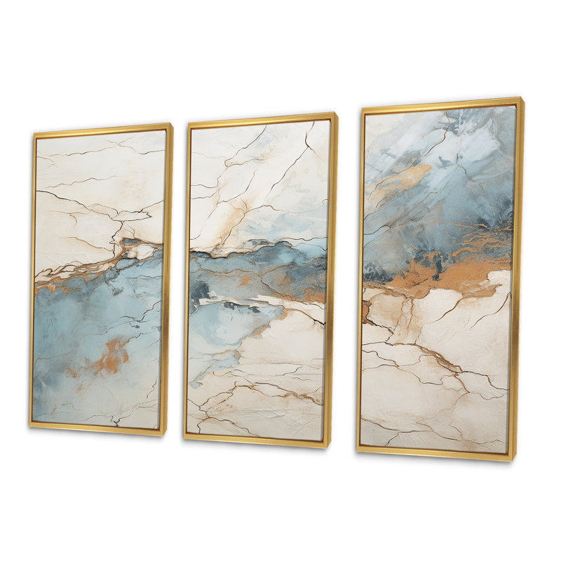 Ensemble de salon art mural bleu et blanc Marble River II, Cadre flottant doré, H 32 po x l 48 po x P 1 po