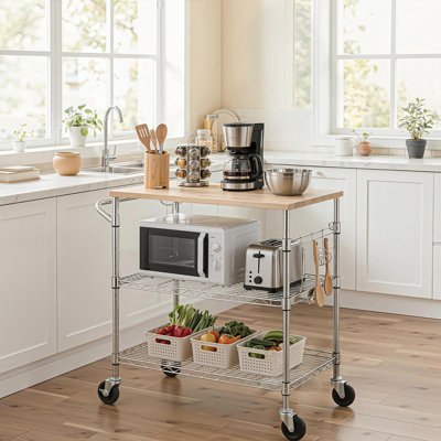 Chariot de cuisine chromé à 3 niveaux pour îlot de cuisine, chariot supérieur en bois de chêne de 18 po x l 30 po avec roulettes de 4 po, tablette coulissante et crochets pour bar à micro-ondes