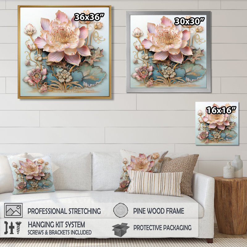 Fleur de lotus rose pastel sur bleu rétro I - impression d'art mural Lotus, Cadre flottant noir, bois massif