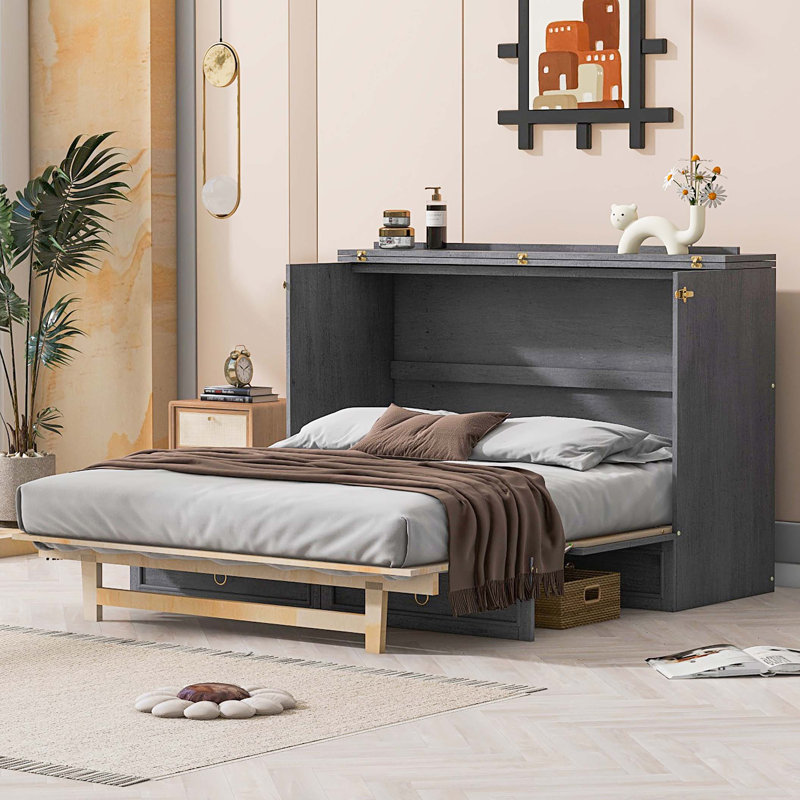 Murphy Bed with Large Drawers, Grand lit, Gris foncé