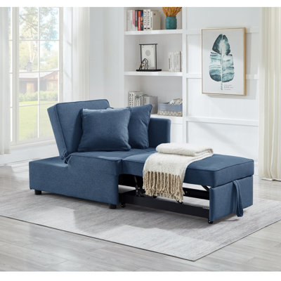  Fauteuil-lit inclinable convertible 4-en-1 avec structure en bois robuste, revêtement en polyester, idéal pour le salon, la chambre à coucher ou les petits espaces, conception confortable, élégante et durable, bleu