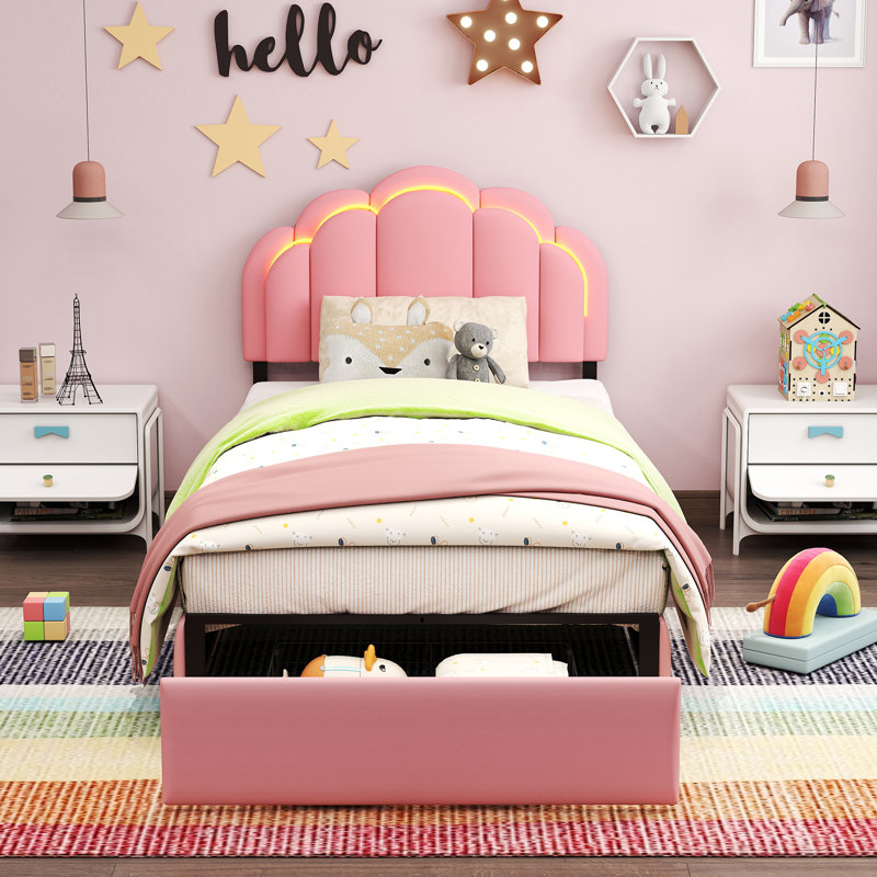 Upholstered LED Bed with Drawer & Petal Headboard, Kids Beds, Twin, Pink