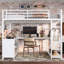 Lit mezzanine double en métal avec garde-robe, bureau en L et tablettes de rangement pour une économie d'espace.-375373196-375373197