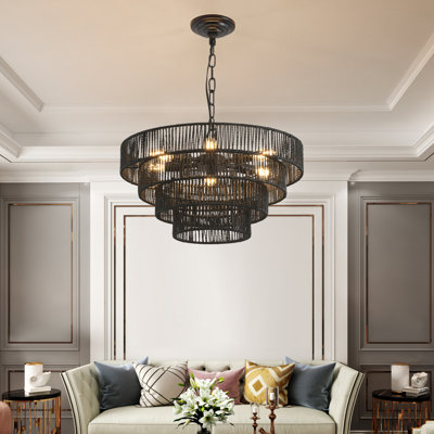 Lustre suspendu rustique en corde de chanvre noir 20 po à 4 niveaux avec 6 douilles E12, plafonnier Boho fabriqué à la main pour salle à manger, cuisine ou vestibule