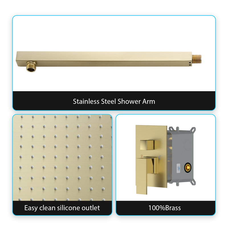 Wall Mounted 12" Rainfall Shower Head with Handheld Shower and Rough-in Valve, Brushed Gold