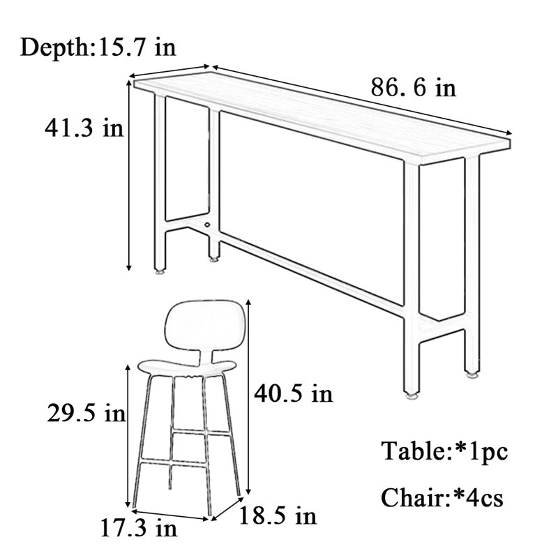 Tables et chaises de bar simples en bois massif, H 41,3 po x l 15,7 po x P 86,6 po