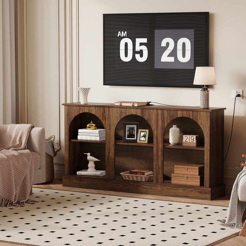 Console multimédia 63 pouces Mid-Century avec station de charge, meuble audio-vidéo brun rustique pour téléviseur de 70 po