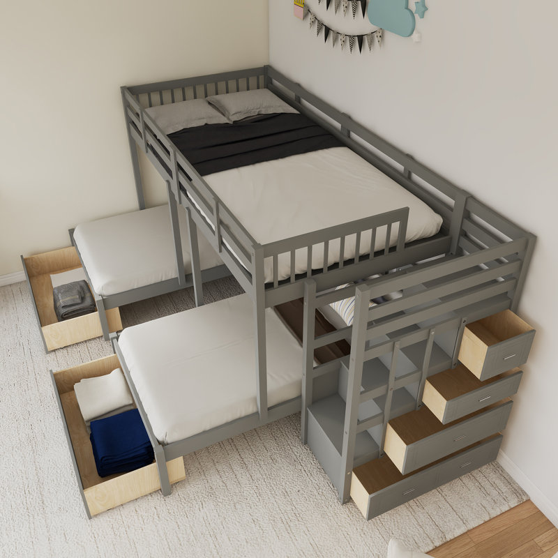 Solid Wood Full Over Twin & Twin Bunk Bed, Triple Bunk Bed With Drawers, Gray