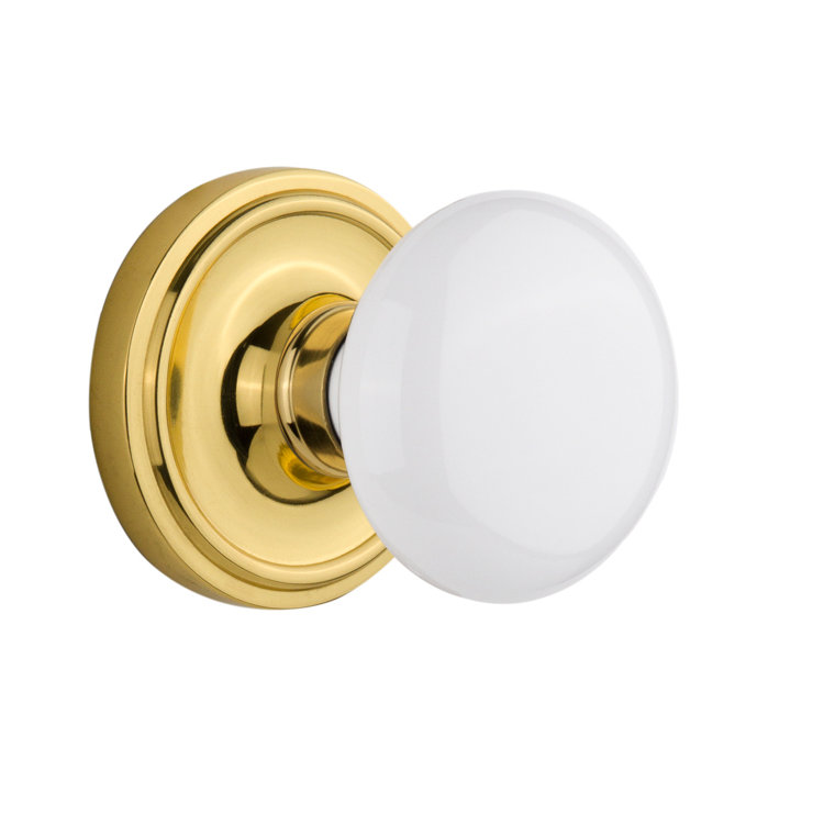 Rosette classique avec bouton de porte en porcelaine blanche, Laiton poli, 2-3/8 po