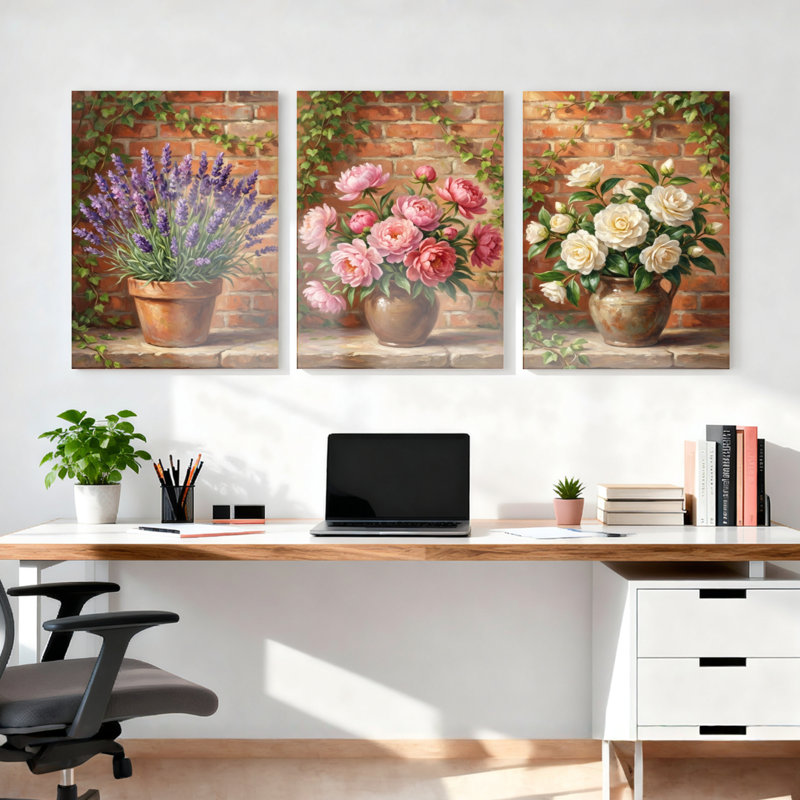 Ensemble de 3 tableaux sur toile tendue représentant un bouquet de roses lavande et de pivoines sur un mur de briques, idéal pour la décoration du salon, de la chambre ou de la maison.