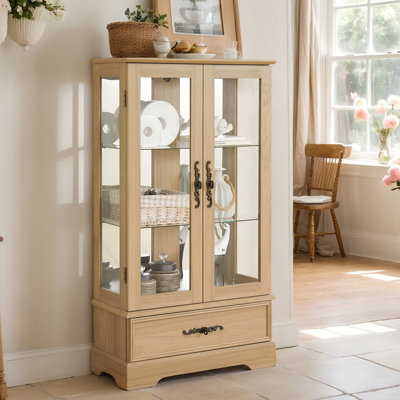 Eyisean 47" Curio Cabinet, Vintage Glass Display Cabinet with 3-Tier Adjustable Glass Shelves, Acrylic Mirrored Back Pane, Light Blub Included, Elegant Design China Cabinet for Living Room, Study Room, Kitchen