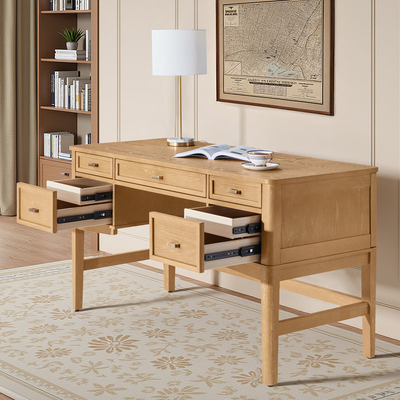  Hoai 55'' W Transitional Rectangular Executive Desk with Hidden Drawers and Concealed Cable Hole and Solid Wood Legs, Oak