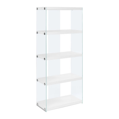 Bookshelf, Bookcase, Etagere, 5 Tier, 60"H, Office, Bedroom, Glossy White Laminate, Clear Tempered Glass, Contemporary, Modern
