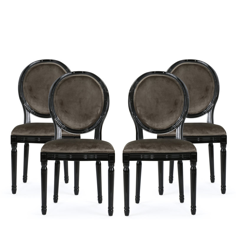 Chaises d'appoint rembourrées Marcelle French Country avec dossier rond et pieds cannelés, Gris, Lustre noir