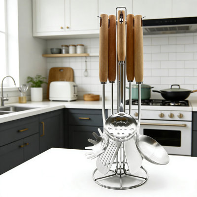Ensemble d'ustensiles de cuisine 8 pièces en acier inoxydable avec poignées en bois et porte-outils, ustensiles de cuisine résistants à la chaleur et batterie de cuisine
