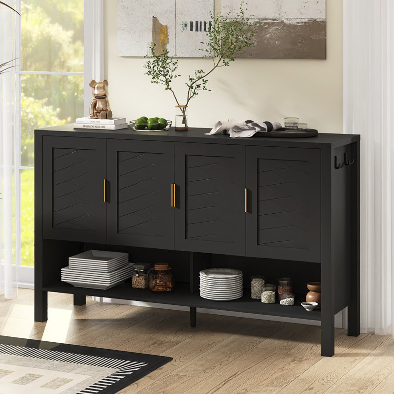 Buffet moderne de 55 po de largeur avec tablettes réglables et crochets doubles, Noir