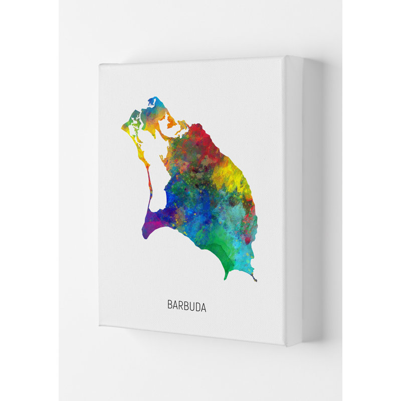 Barbuda Watercolour Map by Michael Tompsett - 1 Piece Wall Art, 42cm H x 29.7cm W x 4cm D, Wrapped Canvas