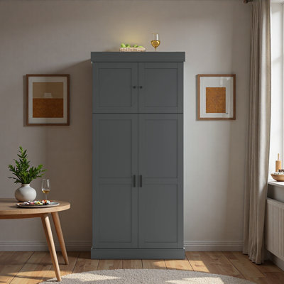 Grand garde-manger autoportant avec tablettes réglables, tablettes de porte, tiroirs et porte-bouteilles