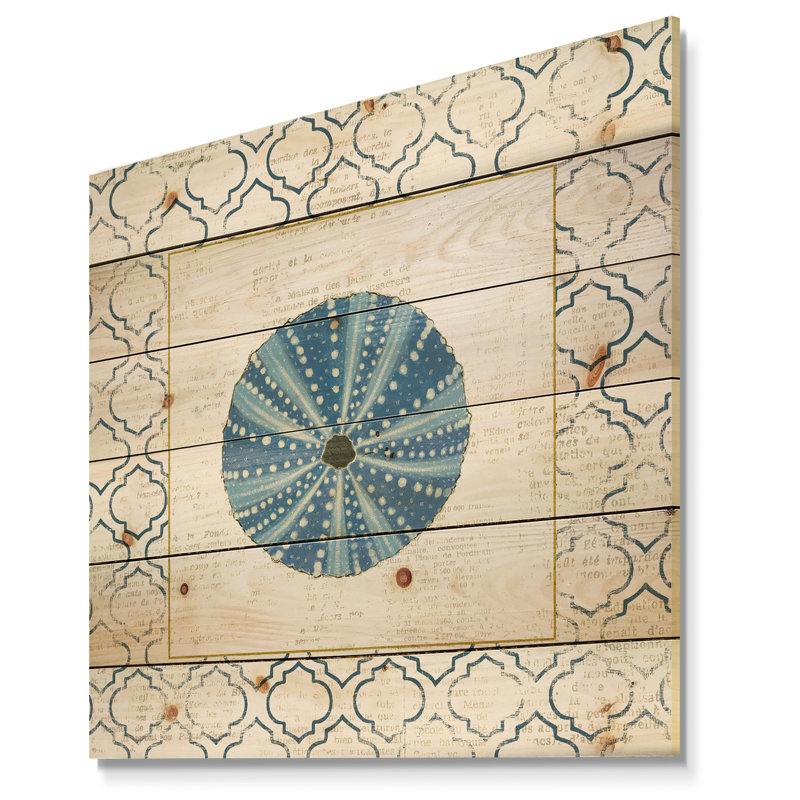 Conque bleue sur un motif côtier bleu - Impression nautique et côtière sur bois de pin naturel, H 30 po x l 30 po x P 1,5 po